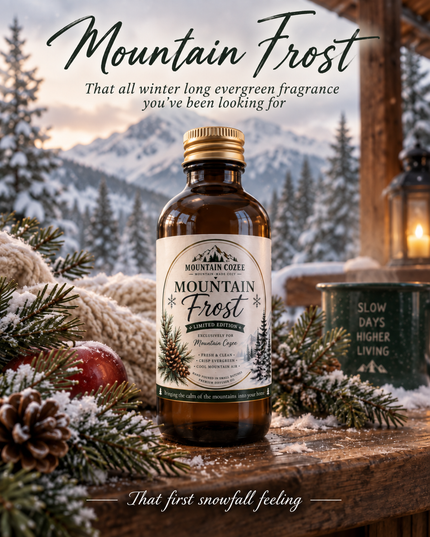 A bottle of Mountain Frost essential oil fragrance placed on a rustic wooden surface in a snowy outdoor cabin setting, surrounded by pine branches, pinecones, and a lantern. Text overlays read 'Mountain Frost' and 'That all winter long evergreen fragrance you've been looking for.
