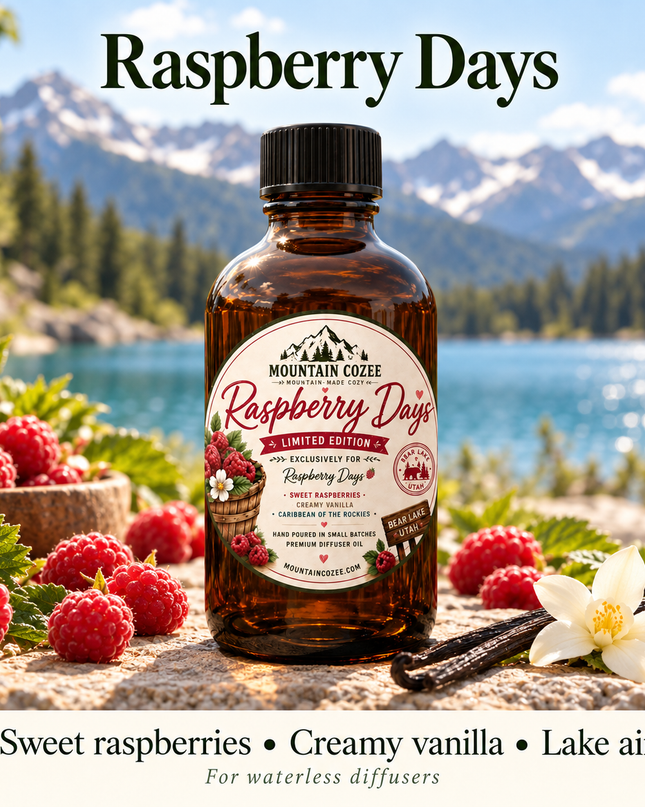 Raspberry Days diffuser oil with raspberries and vanilla beside a mountain lake; sweet raspberries, creamy vanilla and lake air.
