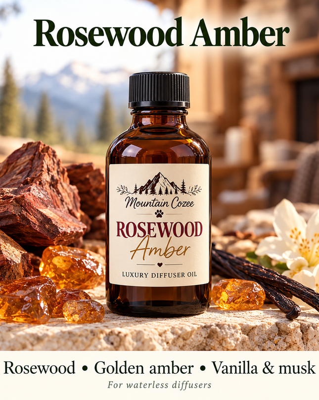 Rosewood Amber diffuser oil with wood, amber-colored scent cues and vanilla in a warm lodge setting.