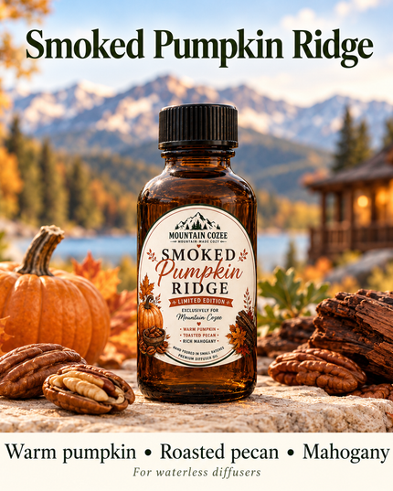 Smoked Pumpkin Ridge Waterless Diffuser Oil shown with its scent-note cues in a mountain-inspired setting