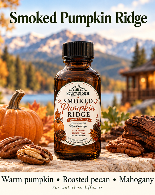 Smoked Pumpkin Ridge Waterless Diffuser Oil shown with its scent-note cues in a mountain-inspired setting