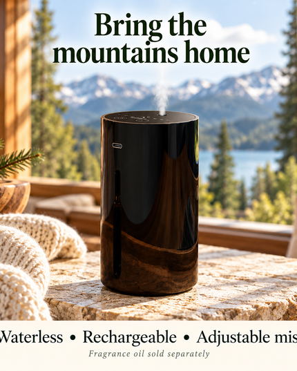 Mountain Cozee black rechargeable waterless diffuser in a bright cabin with mountain scenery.