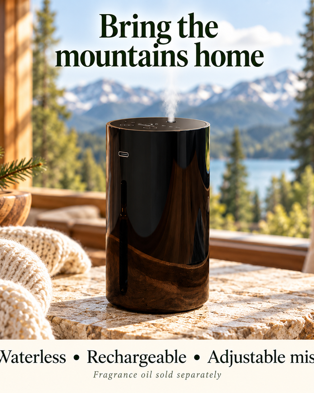 Mountain Cozee black rechargeable waterless diffuser in a bright cabin with mountain scenery.